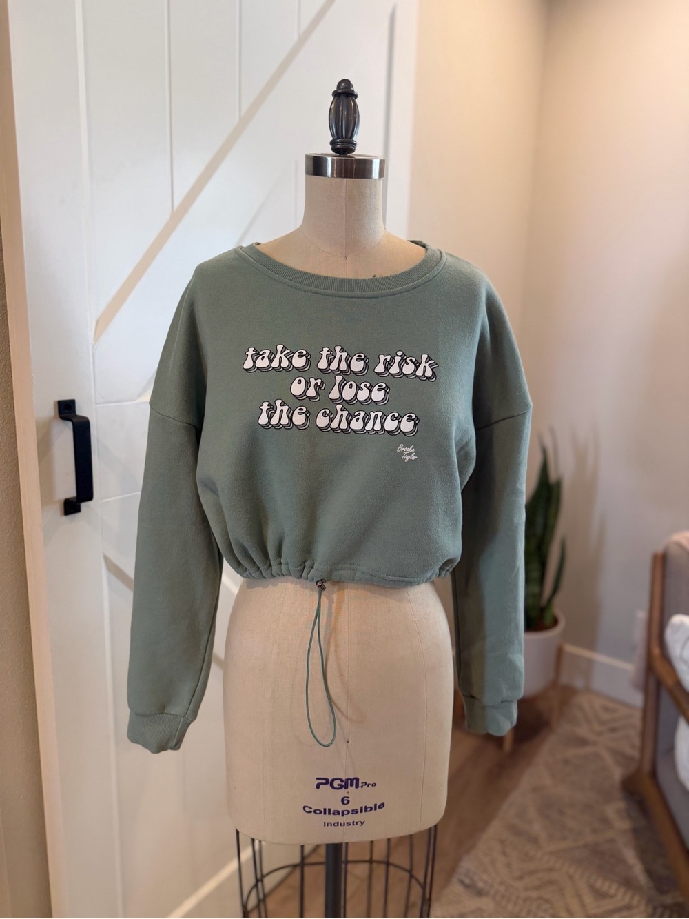 Sage Green Cinch-Hem Cropped Sweatshirt
